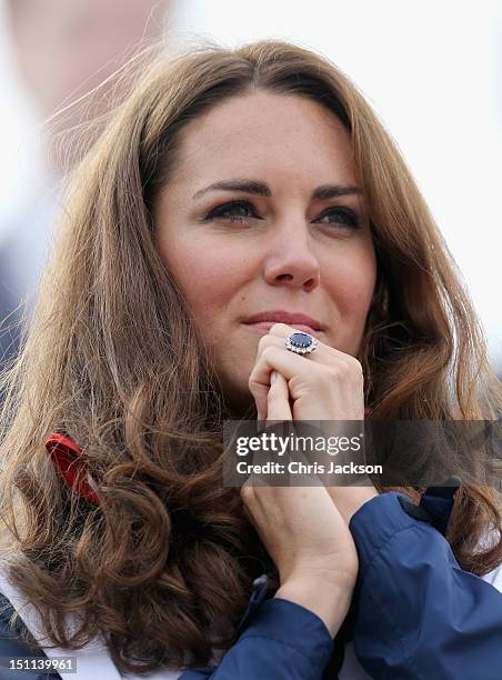 Catherine, Duchess of Cambridge watches Great Britain Mixed Coxed Four Rowing - LTAMix4+ team celebrate after winning gold on day 4 of the London...