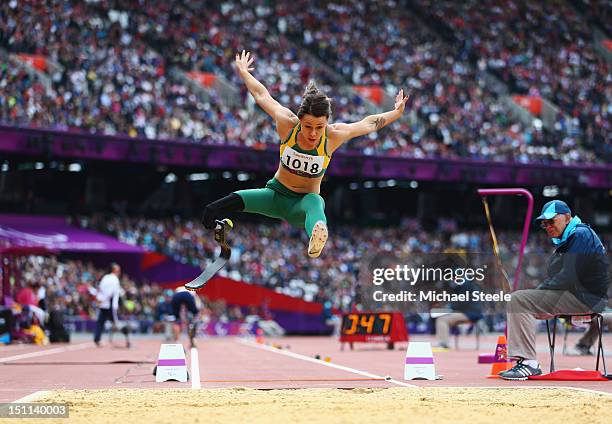 Kelly Cartwright of Australia competes in the Women's Long Jump - F42/44 Final on day 4 of the London 2012 Paralympic Games at Olympic Stadium on...