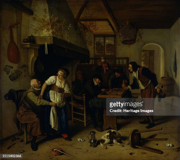 Interior of an inn with an old man amusing himself with the landlady and two men playing backgammon, known as 'Two kinds of games', 1660-1679....