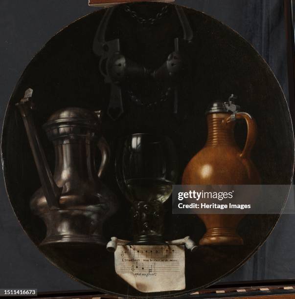 Emblematic Still Life with Flagon, Glass, Jug and Bridle, 1614. Creator: Johannes van der Beeck.