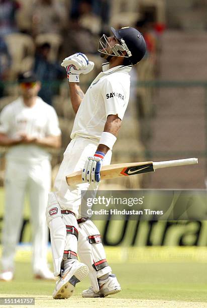 Indian Batsman Virat Kohli celebrates after scoring century against New Zealand during third day of second Test match between India and New Zealand...