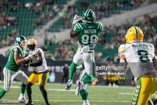 Kendall Watson of the Saskatchewan Roughriders makes a catch for a two point conversion to tie the game late in the game between the Edmonton Elks...