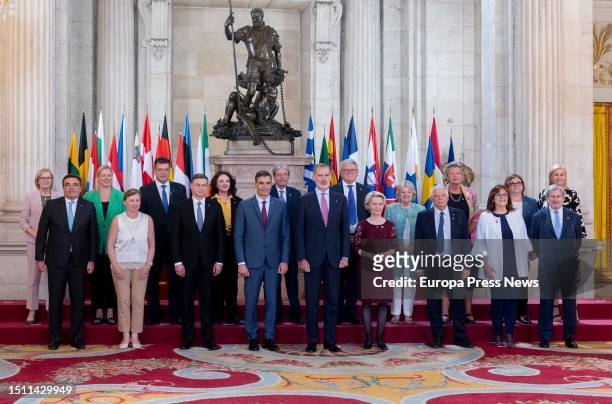 Family photo, front row, Prime Minister Pedro Sanchez , King Felipe VI , President of the European Commission Ursula von der Leyen and EU High...
