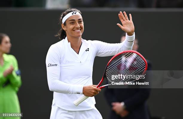 Caroline Garcia of France celebrates winning match point against Katie Volynets of United States Women's Singles first round match on day one of The...