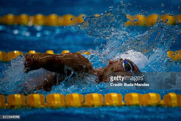 Daniel Dias of Brazil competes in the Men's 4x100m freestyle on day 4 of the London 2012 Paralympic Games at Aquatics Centre on September 02, 2012 in...