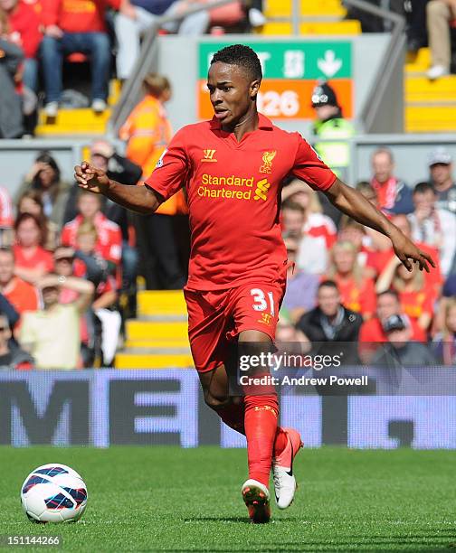 Raheem Sterling of Liverpool in action during the Barclays Premier League match between Liverpool and Arsenal at Anfield on September 2, 2012 in...