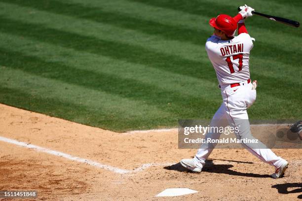 Shohei Ohtani of the Los Angeles Angels celebrates a home run against the Arizona Diamondbacks in the eighth inning at Angel Stadium of Anaheim on...