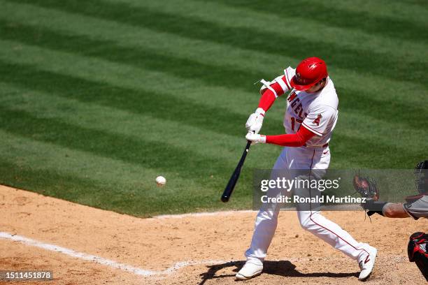 Shohei Ohtani of the Los Angeles Angels celebrates a home run against the Arizona Diamondbacks in the eighth inning at Angel Stadium of Anaheim on...