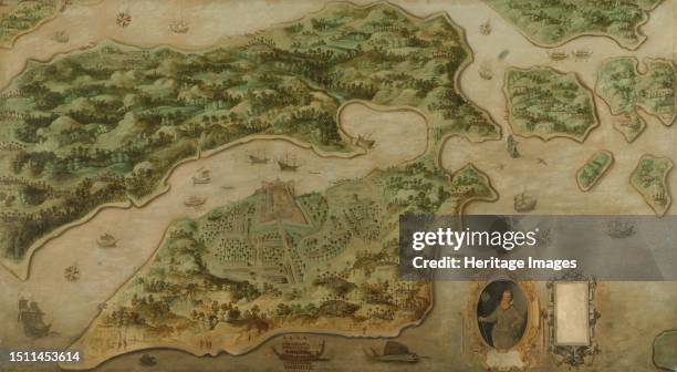 View of Ambon, circa 1617. Other Title: Bird's-eye View of Ambon, with a Portrait of Frederik Houtman in a Cartouche. Creator: Anon.