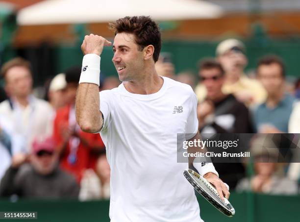 Jordan Thompson of Australia celebrates winning match point against Brandon Nakashima of United States in the Men's Singles first round match on day...