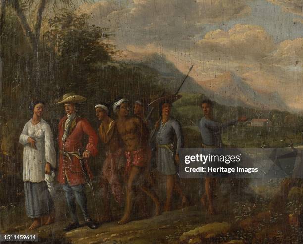 Dutch merchant with two enslaved men in a hilly landscape, 1700-1725. Creator: Unknown.