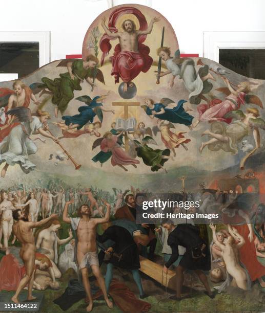Last Judgment and the Burying of the Dead, circa 1560-circa 1570. At top centre Christ sits on a rainbow with his feet resting on the orb of the...