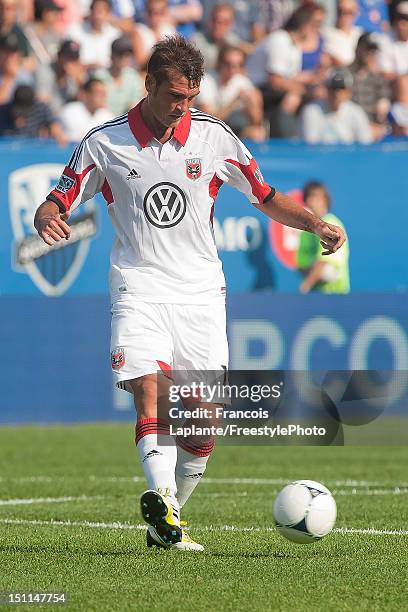 Emiliano Dudar of the D.C. United controls the ball against the Montreal Impact during the MLS match at Saputo Stadium on August 25, 2012 in...