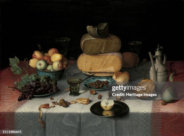 Still Life with Cheese, circa 1615. Food is arranged here on a costly damask tablecloth: fruit, bread, cheese. In the 17th century, this kind of...