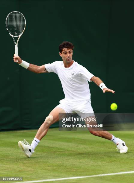 Jordan Thompson of Australia plays a forehand against Brandon Nakashima of United States in the Men's Singles first round match on day one of The...