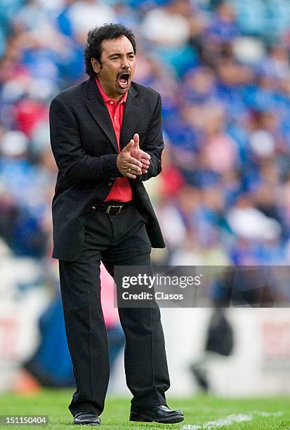 Hugo Sanchez headcoach of Pachuca in action, during a match between Cruz Azul and Pachuca as part of the Apertura 2012 Liga MX at Azul Stadium on...