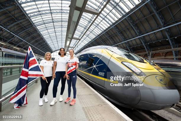 Amber Rutter, Celia Quansah from Team GB and Claire Cashmore from ParalympicGB at St Pancras Station on July 03, 2023 in London, England. Eurostar...