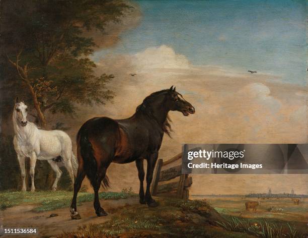 Two Horses in a Meadow near a Gate, 1649. Creator: Paulus Potter.