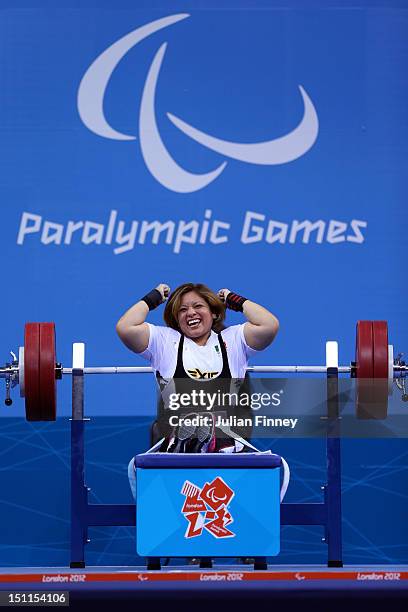 Amalia Perez of Mexico celebrates winning gold in the Women's 60kg Powerlifting on day 4 of the London 2012 Paralympic Games at ExCel on September 2,...