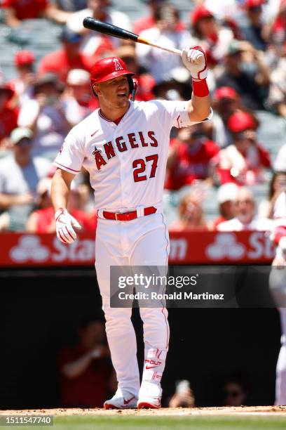 Mike Trout of the Los Angeles Angels at Angel Stadium of Anaheim on July 02, 2023 in Anaheim, California.