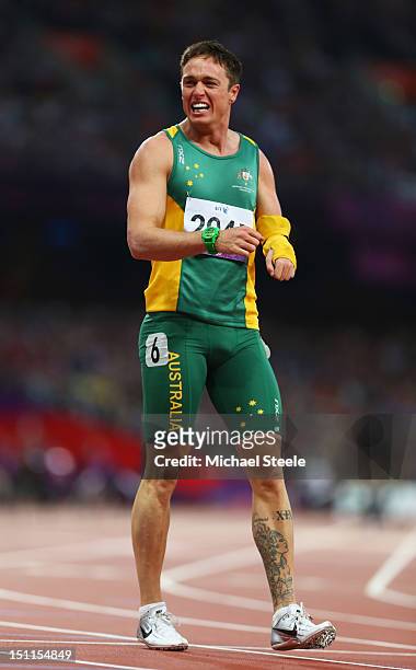 Patmore of Australia celebrates winning the bronze in the Men's 200m - T46 Final on day 4 of the London 2012 Paralympic Games at Olympic Stadium on...