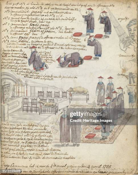 Chinese sacrificial ceremony in Batavia, 1785. Ceremony during the Tsingbing Festival. Drawings of musical instruments. Worshippers kow-towing. Altar...