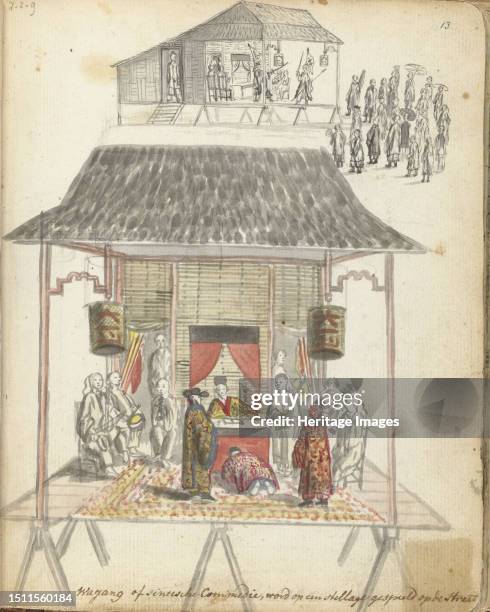 Chinese street theatre, 1779-1785. Sword fight. Stage with lanterns, man kowtowing before a magistrate, musicians. Creator: Jan Brandes.