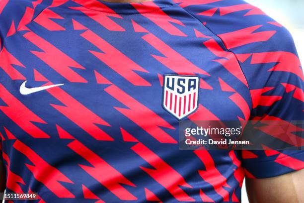 The USA logo is shown on a players jersey before the first half of the Concacaf Gold Cup match between the United States and the Trinidad and Tobago...