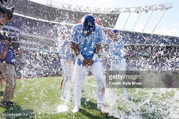 Nicky Lopez of the Kansas City Royals has water splashed on him after the Kansas City Royals defeat the Los Angeles Dodgers at Kauffman Stadium on...
