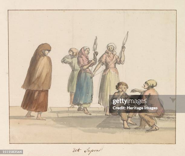 Traditional costumes of the island of Gozo, 1778. Drawing from the album 'Voyage to Italy, Sicily and Malta'. Creator: Louis Ducros.