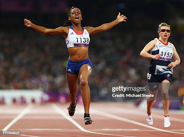 Mandy Franxois Elie of France crosses the line to win gold in the Women's 100m - T37 Final on day 4 of the London 2012 Paralympic Games at Olympic...