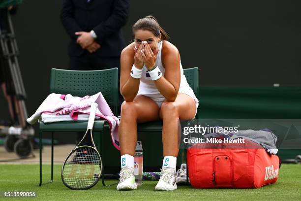 Jodie Burrage of Great Britain celebrates victory against Caty McNally of United States in the Women's Singles first round match on day one of The...