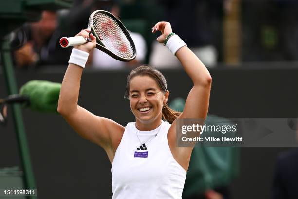 Jodie Burrage of Great Britain celebrates victory against Caty McNally of United States in the Women's Singles first round match on day one of The...