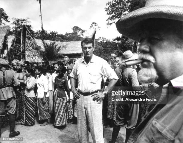 Actors Rock Hudson and Burl Ives in a scene of the film 'The Spiral Road' at Paramaribo, Suriname, in 1961.