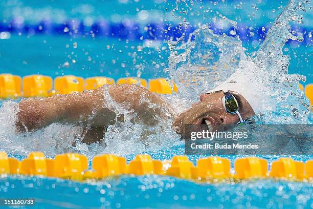 Daniel Dias of Brazil competes in the men's 4x100m on day 4 of the London 2012 Paralympic Games at Aquatics Centre on September 02, 2012 in London,...