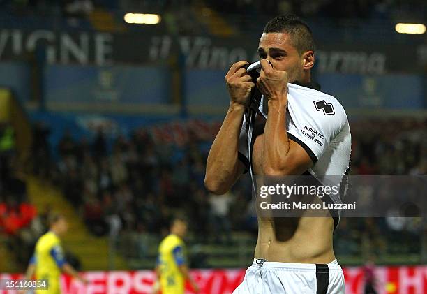Aleandro Rosi of FC Parma celebrates his goal during the Serie A match between Parma FC and AC Chievo Verona at Stadio Ennio Tardini on September 2,...