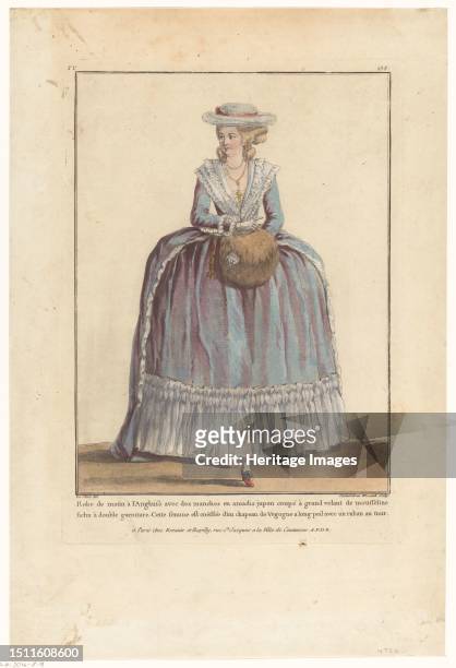 Gallery of French Fashions and Costumes rr. 238: Morning dress to the English , 1782. 'Robe de matin à l'Anglaise avec des manches en amadis jupon...