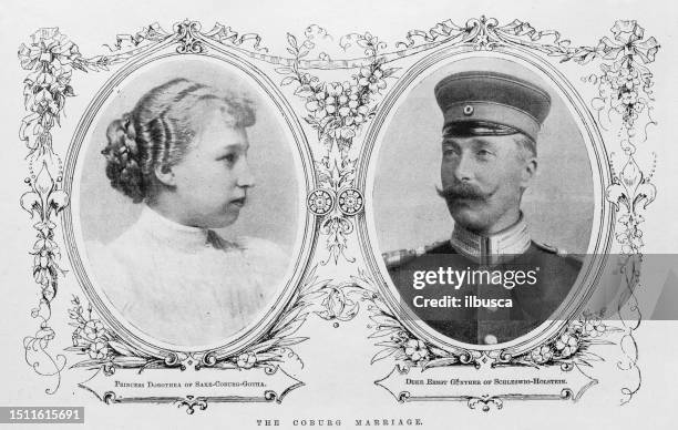 stockillustraties, clipart, cartoons en iconen met antique image from british magazine: princess dorothea of saxe-coburg-gotha, duke ernst gunther of schleswig-holstein - hertog