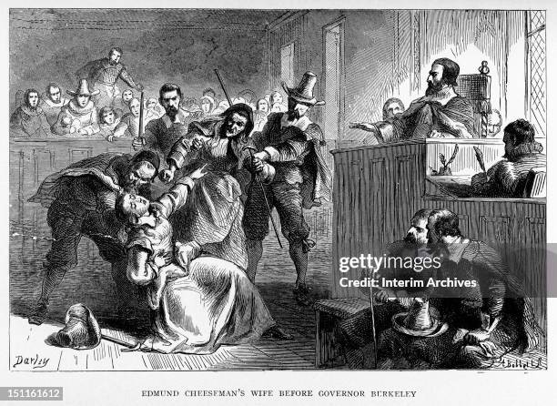 The wife of Major Edmond Cheeseman faints as Governor Berkeley rejects her plea to spare her husband's life, Virginia, 1676. Cheeseman was one of 23...