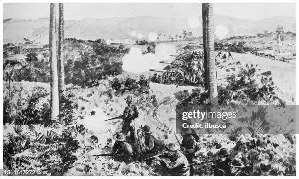 antique image from british magazine: spanish american war, battle of san juan - puerto rico mountains stock illustrations