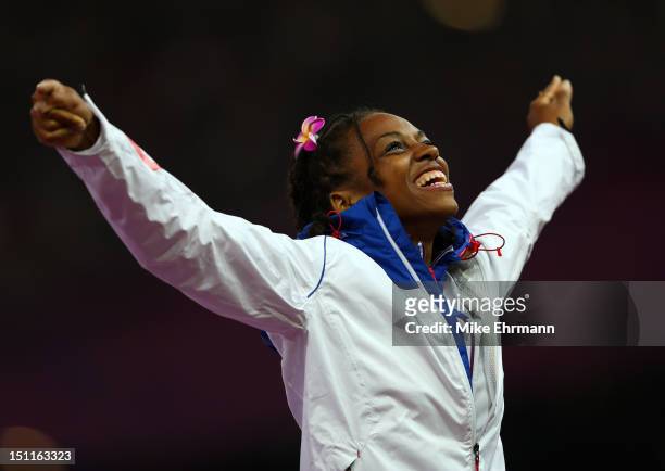 Gold medalist Mandy Franxois Elie of France poses on the podium during the medal ceremony in the Women's 100m - T37 Final on day 4 of the London 2012...