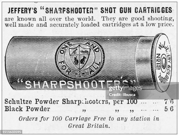 ilustraciones, imágenes clip art, dibujos animados e iconos de stock de anuncio antiguo de la revista británica: cartuchos de escopeta - ammunition magazine