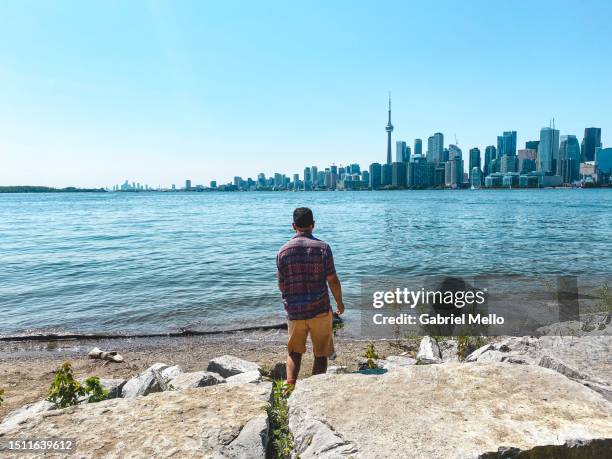 man in toronto islands with views of toronto skyline in the back - toronto summer stock pictures, royalty-free photos & images