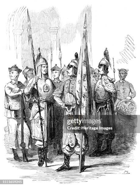 Chinese soldiers, 1857. Second Opium War. 'It appears that a lorcha, named the Arrow, trading on the coast, had anchored off Canton somewhere at the...