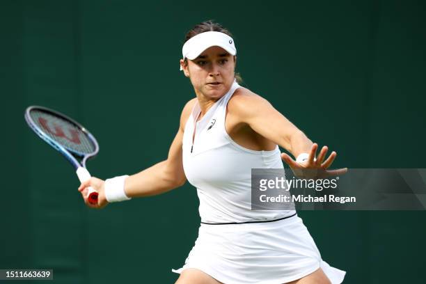 Caroline Dolehide of United States plays a forehand against Daria Kasatkina in the Women's Singles first round match on day one of The Championships...