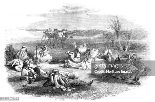 Camel-drivers' Encampment in the Desert, 1857. 'The camels are unladen, and most of them, weary with the day's work, lie about in uncouth and...