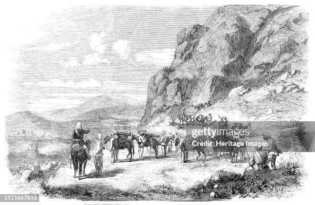 The War with Persia - Punjaub Battery preparing to enter the Durwanzal Pass into the Koorum Valley, 1857. Sketch by a 'Correspondent, of the Punjaub...
