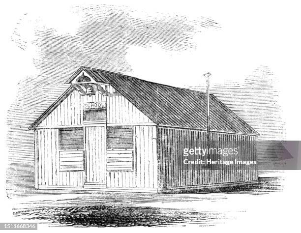 Portable School, 1857. 'This novelty in building has received the following testimonial from the Board of Education: "I have examined the Portable...