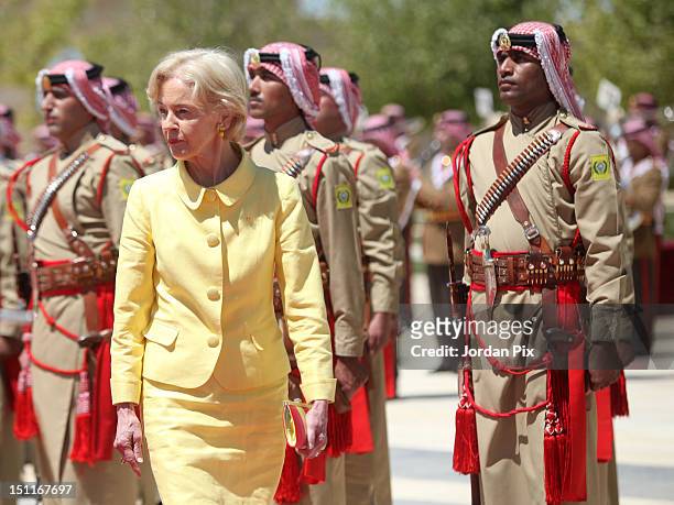 Governor-General of Australia Quentin Bryce reviews the royal honour guard as she is received by Jordan's King Abdullah, on September 2, 2012 in...