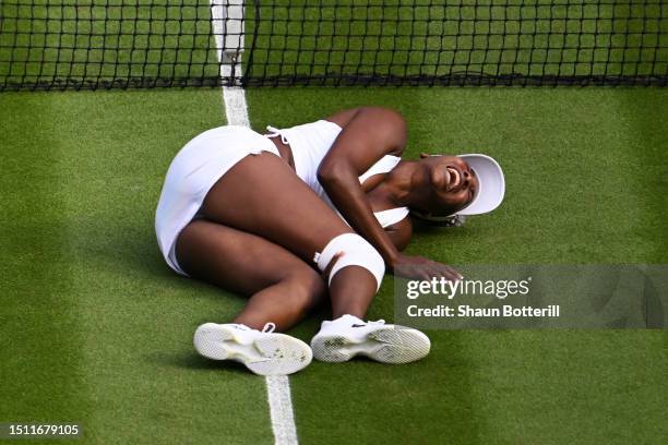 Venus Williams of United States goes down injured against Elina Svitolina of Ukraine in the Women's Singles first round match on day one of The...